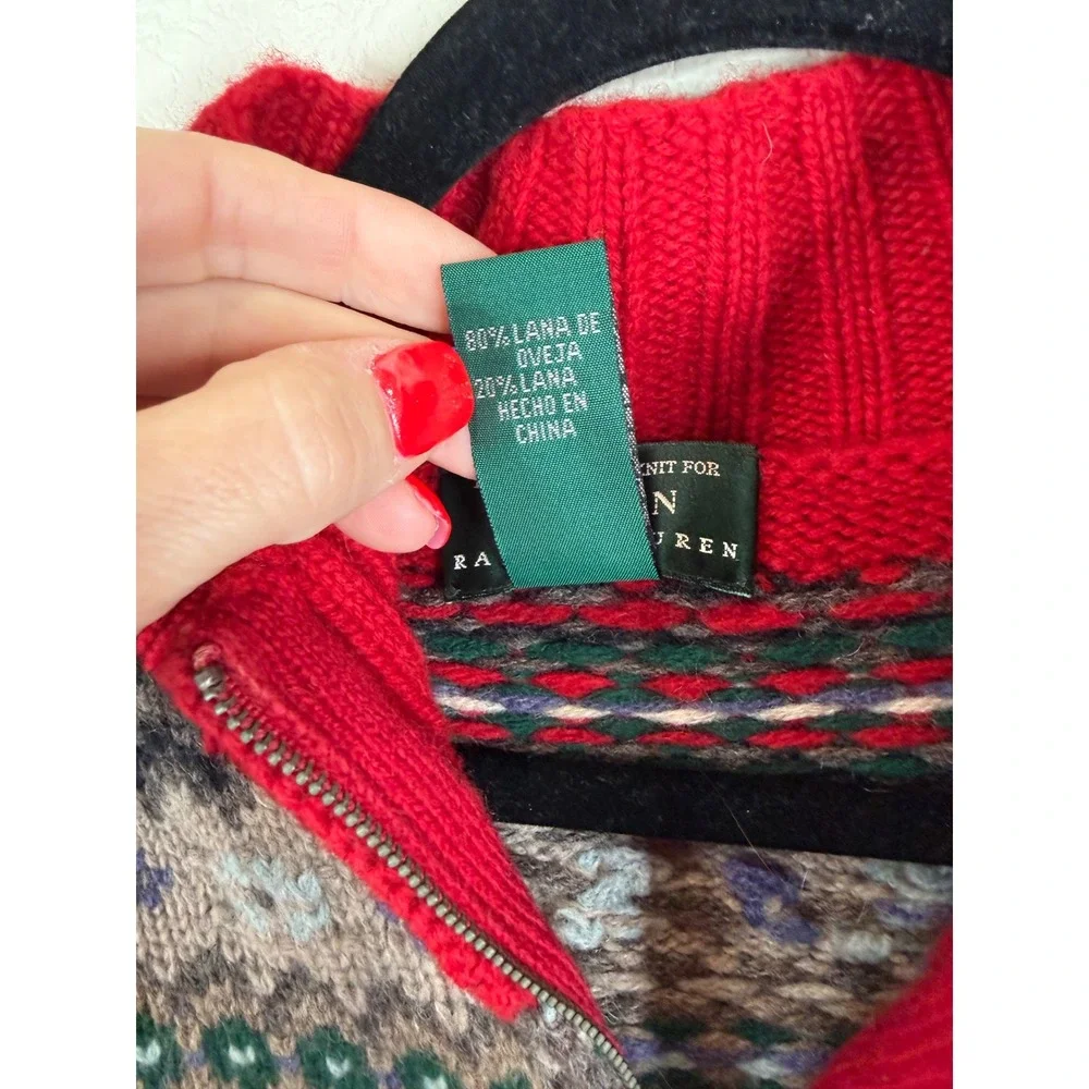 Lauren Ralph Lauren‎ Hand Knit Lambswool Fair Isle Full Zip Sweater Red Small